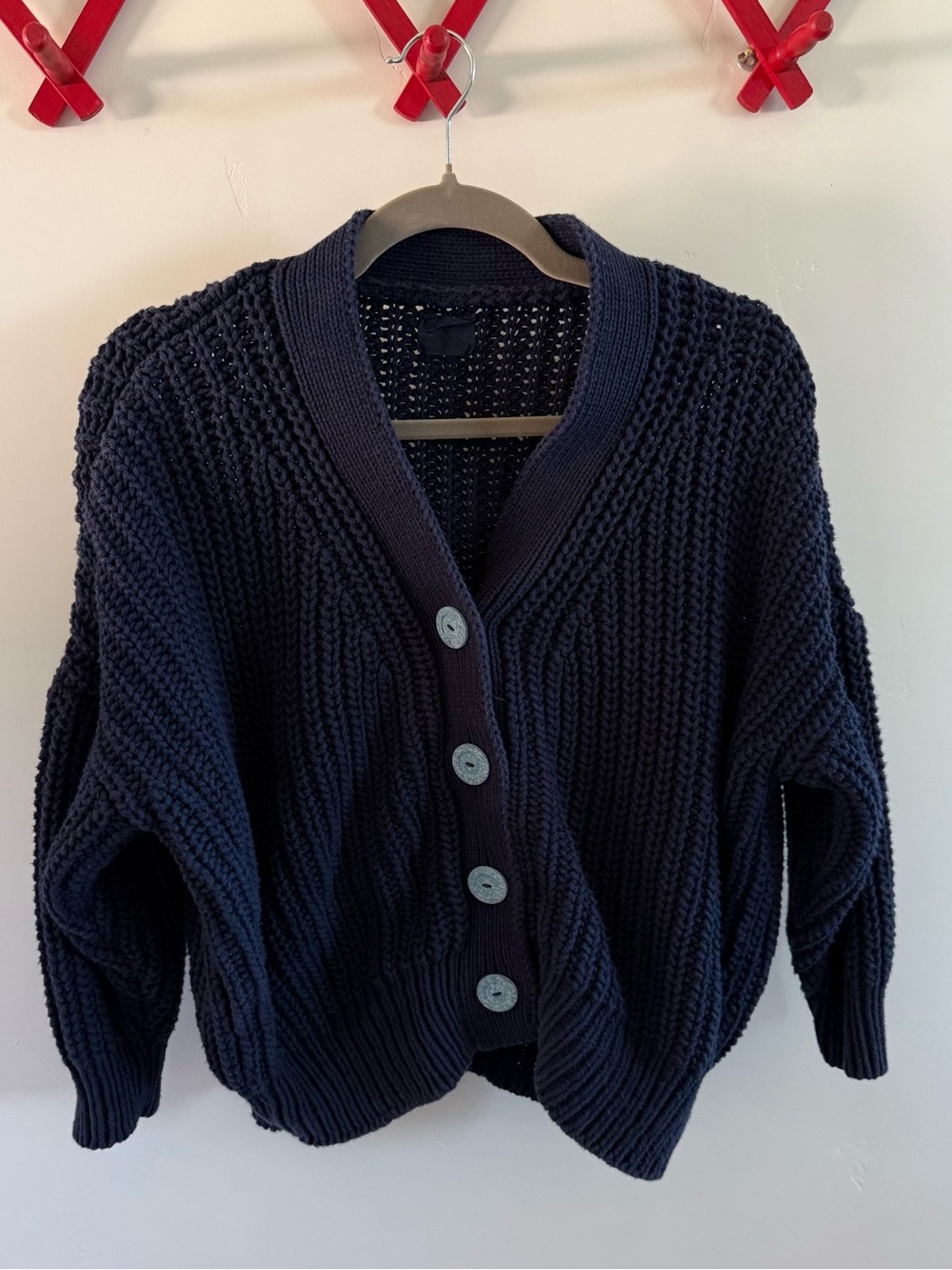 Babaa Cotton Navy Chunky Knit Cardigan Sweater Blue Buttons